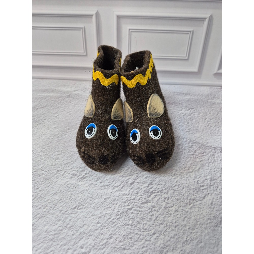 Kids Felted Wool Animal‎ Slipper Boots Brown Yellow Ric-Rac Trim Cozy Winter